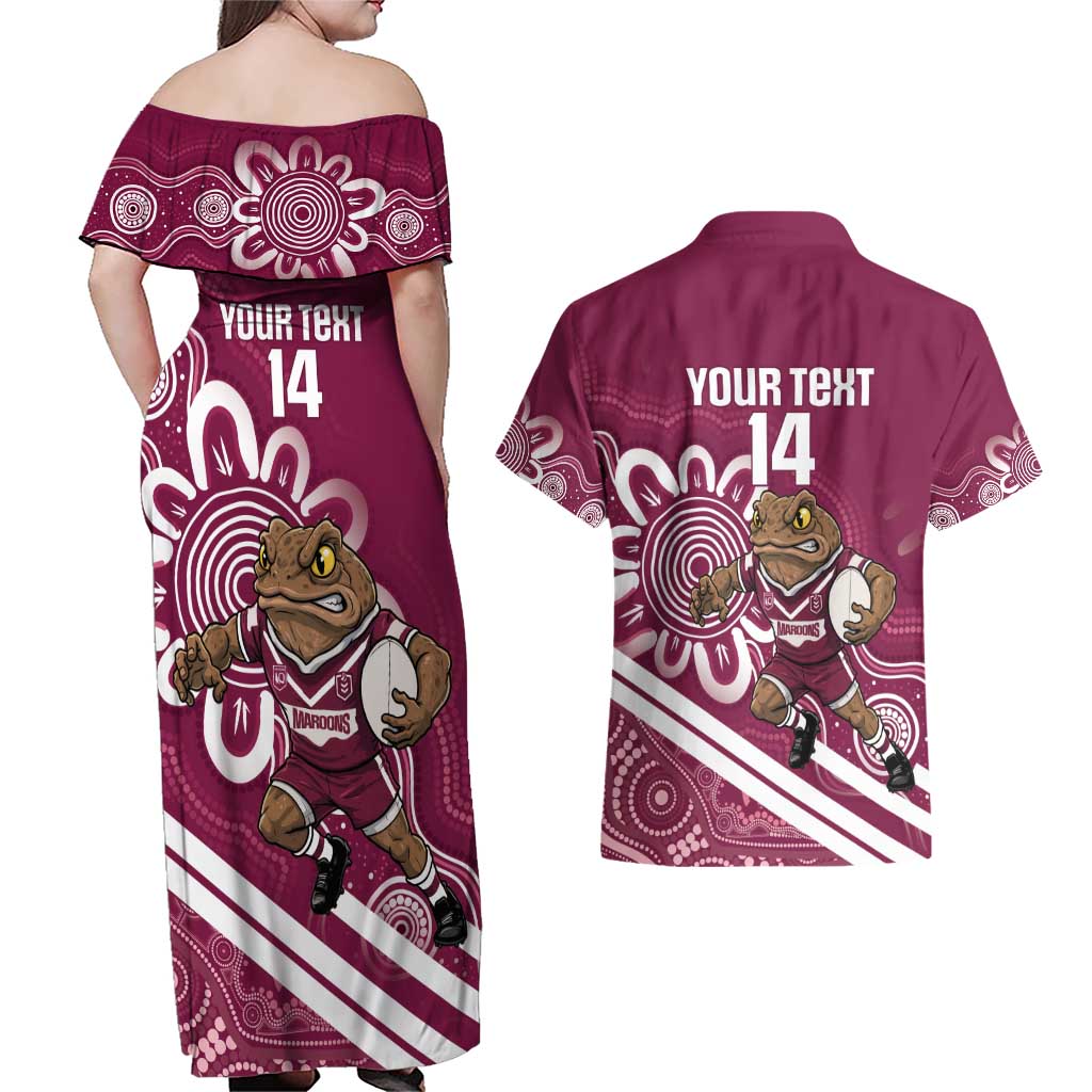 QLD Maroons Rugby Custom Couples Matching Off Shoulder Maxi Dress and Hawaiian Shirt Go Cane toads Aboriginal Art
