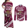QLD Maroons Rugby Custom Couples Matching Off Shoulder Maxi Dress and Long Sleeve Button Shirt Go Cane toads Aboriginal Art