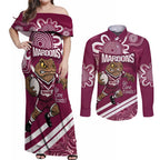 QLD Maroons Rugby Custom Couples Matching Off Shoulder Maxi Dress and Long Sleeve Button Shirt Go Cane toads Aboriginal Art
