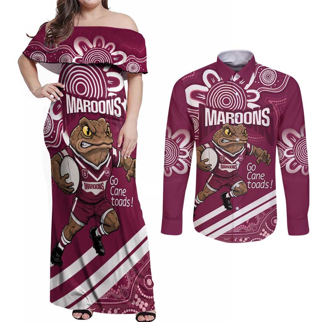 QLD Maroons Rugby Custom Couples Matching Off Shoulder Maxi Dress and Long Sleeve Button Shirt Go Cane toads Aboriginal Art