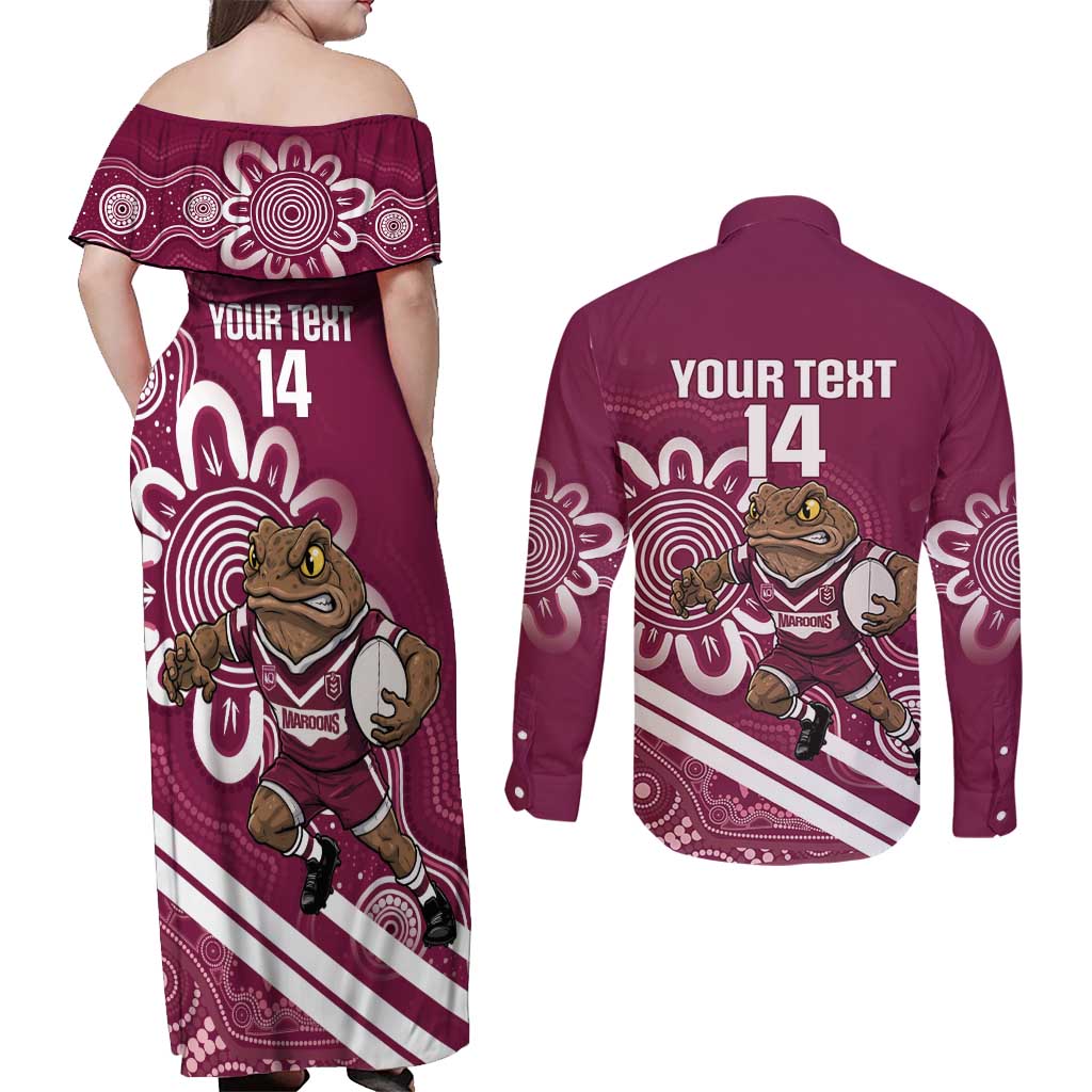 QLD Maroons Rugby Custom Couples Matching Off Shoulder Maxi Dress and Long Sleeve Button Shirt Go Cane toads Aboriginal Art