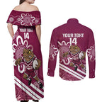 QLD Maroons Rugby Custom Couples Matching Off Shoulder Maxi Dress and Long Sleeve Button Shirt Go Cane toads Aboriginal Art