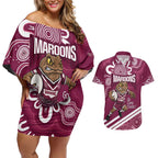 QLD Maroons Rugby Custom Couples Matching Off Shoulder Short Dress and Hawaiian Shirt Go Cane toads Aboriginal Art