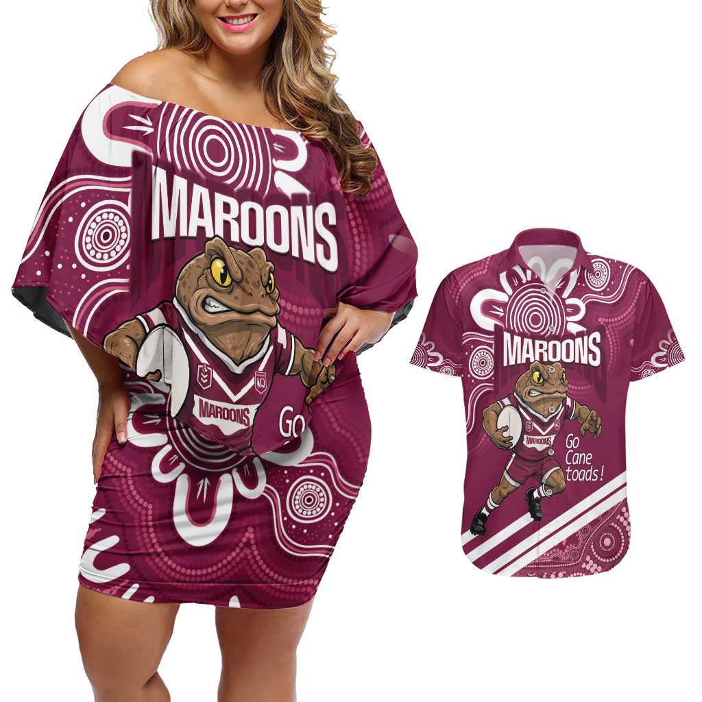 QLD Maroons Rugby Custom Couples Matching Off Shoulder Short Dress and Hawaiian Shirt Go Cane toads Aboriginal Art