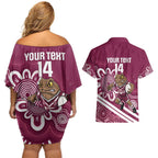 QLD Maroons Rugby Custom Couples Matching Off Shoulder Short Dress and Hawaiian Shirt Go Cane toads Aboriginal Art