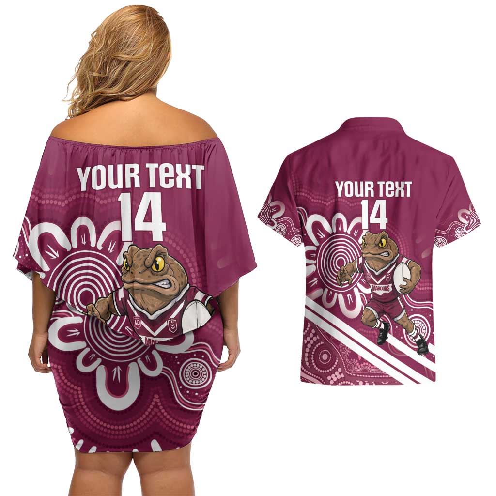 QLD Maroons Rugby Custom Couples Matching Off Shoulder Short Dress and Hawaiian Shirt Go Cane toads Aboriginal Art