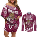 QLD Maroons Rugby Custom Couples Matching Off Shoulder Short Dress and Long Sleeve Button Shirt Go Cane toads Aboriginal Art