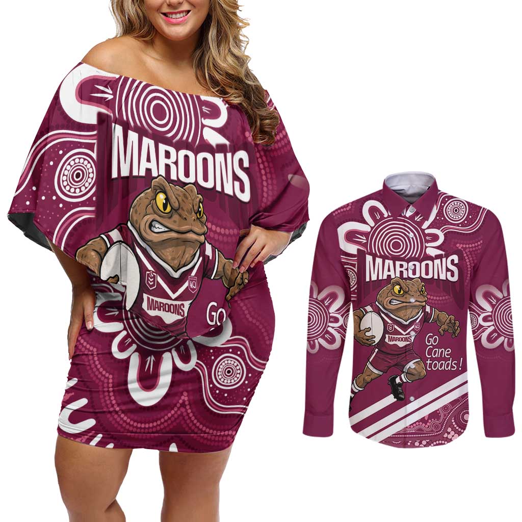 QLD Maroons Rugby Custom Couples Matching Off Shoulder Short Dress and Long Sleeve Button Shirt Go Cane toads Aboriginal Art