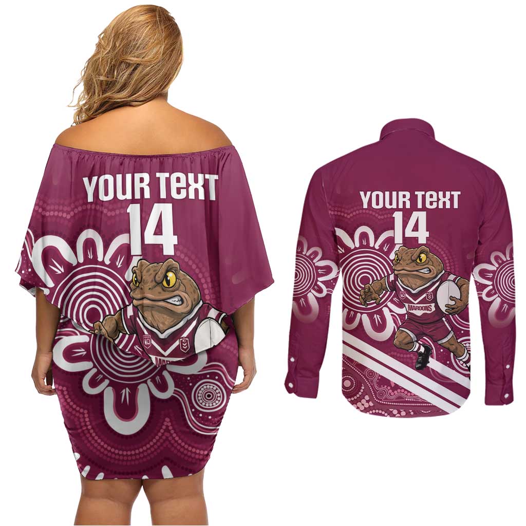 QLD Maroons Rugby Custom Couples Matching Off Shoulder Short Dress and Long Sleeve Button Shirt Go Cane toads Aboriginal Art