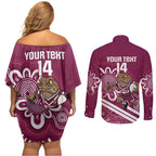 QLD Maroons Rugby Custom Couples Matching Off Shoulder Short Dress and Long Sleeve Button Shirt Go Cane toads Aboriginal Art