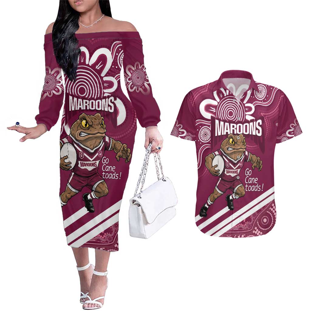 QLD Maroons Rugby Custom Couples Matching Off The Shoulder Long Sleeve Dress and Hawaiian Shirt Go Cane toads Aboriginal Art