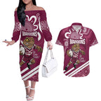 QLD Maroons Rugby Custom Couples Matching Off The Shoulder Long Sleeve Dress and Hawaiian Shirt Go Cane toads Aboriginal Art