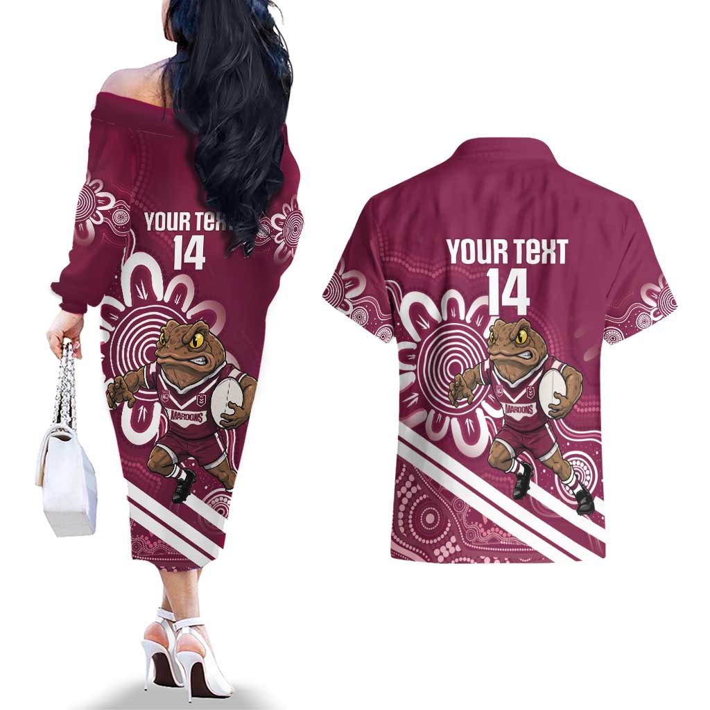 QLD Maroons Rugby Custom Couples Matching Off The Shoulder Long Sleeve Dress and Hawaiian Shirt Go Cane toads Aboriginal Art
