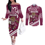 QLD Maroons Rugby Custom Couples Matching Off The Shoulder Long Sleeve Dress and Long Sleeve Button Shirt Go Cane toads Aboriginal Art