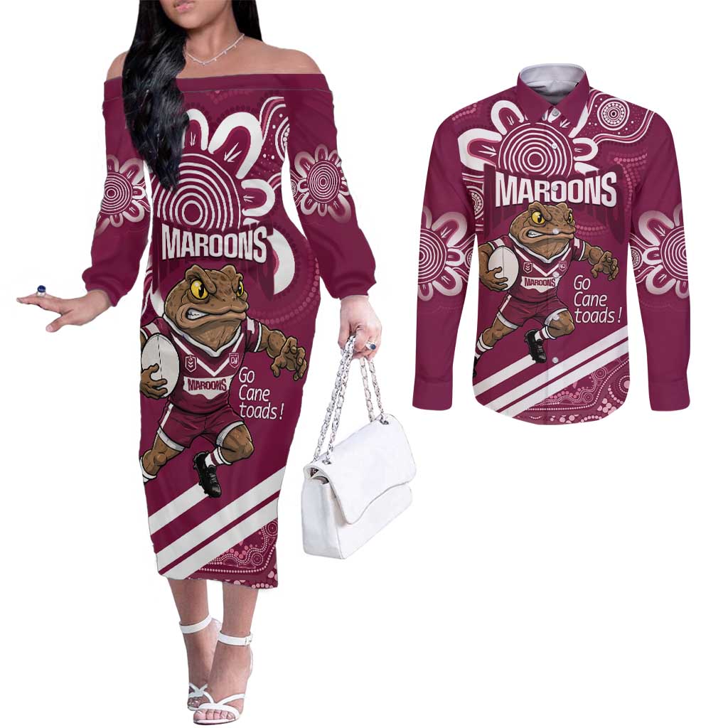 QLD Maroons Rugby Custom Couples Matching Off The Shoulder Long Sleeve Dress and Long Sleeve Button Shirt Go Cane toads Aboriginal Art
