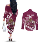 QLD Maroons Rugby Custom Couples Matching Off The Shoulder Long Sleeve Dress and Long Sleeve Button Shirt Go Cane toads Aboriginal Art