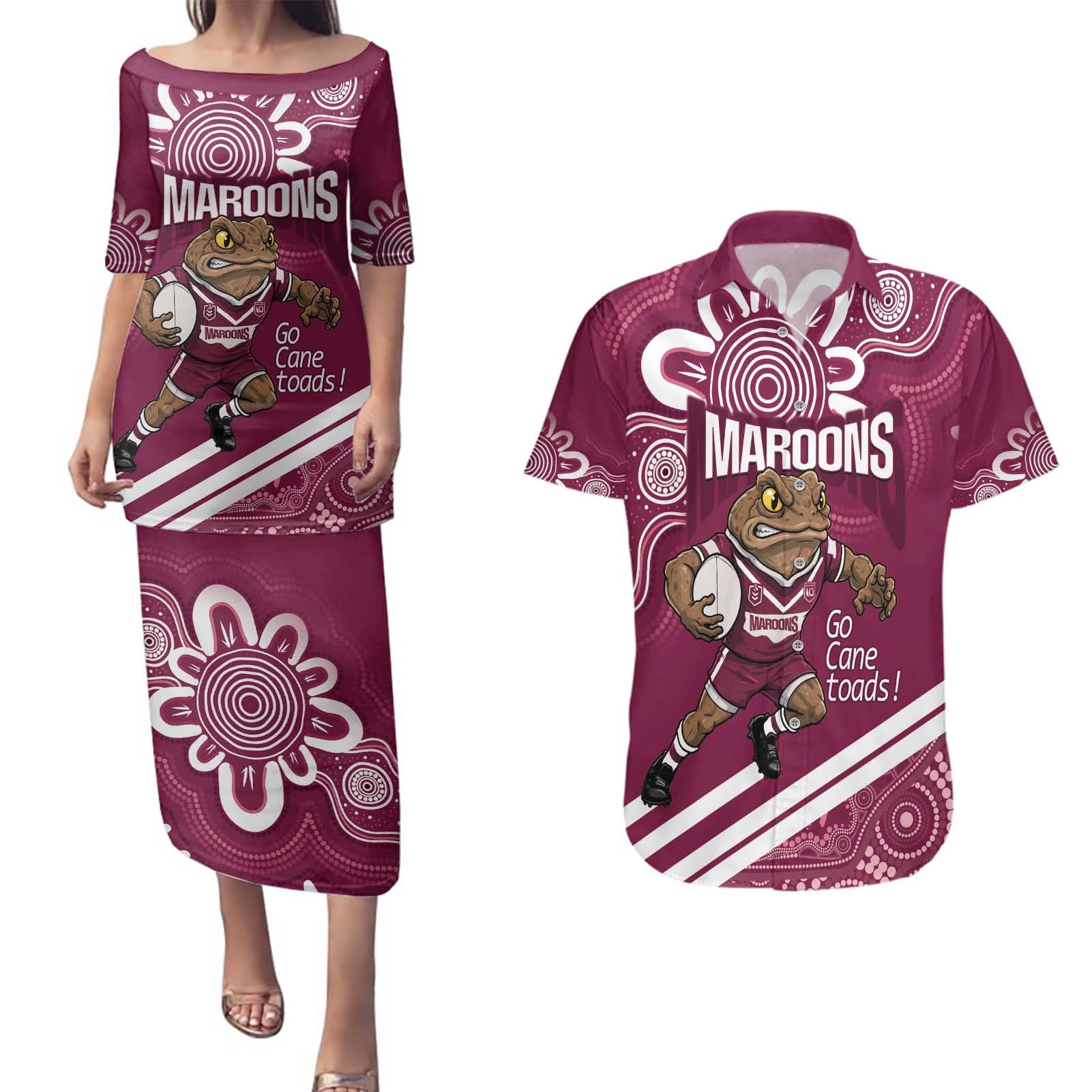 QLD Maroons Rugby Custom Couples Matching Puletasi and Hawaiian Shirt Go Cane toads Aboriginal Art