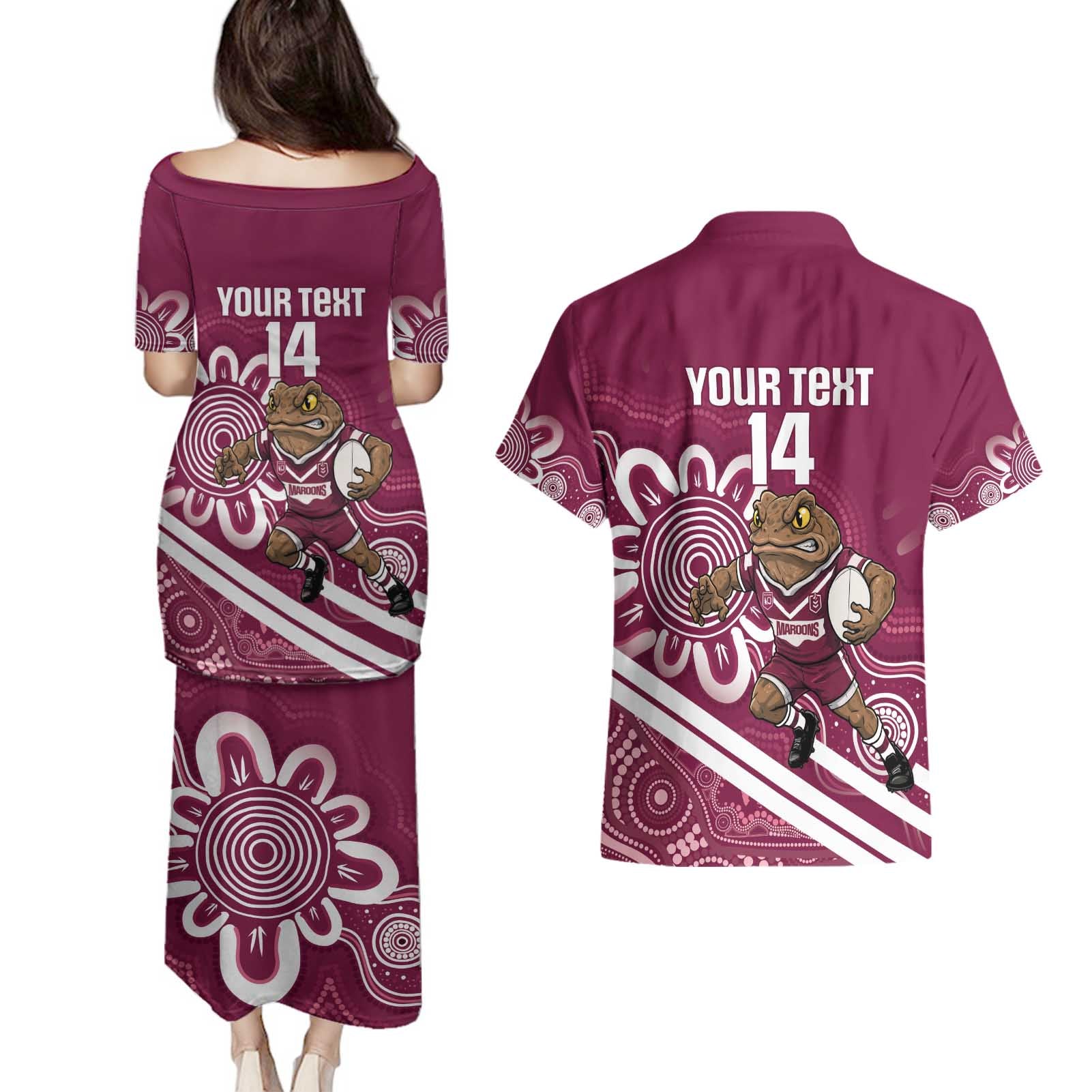 QLD Maroons Rugby Custom Couples Matching Puletasi and Hawaiian Shirt Go Cane toads Aboriginal Art