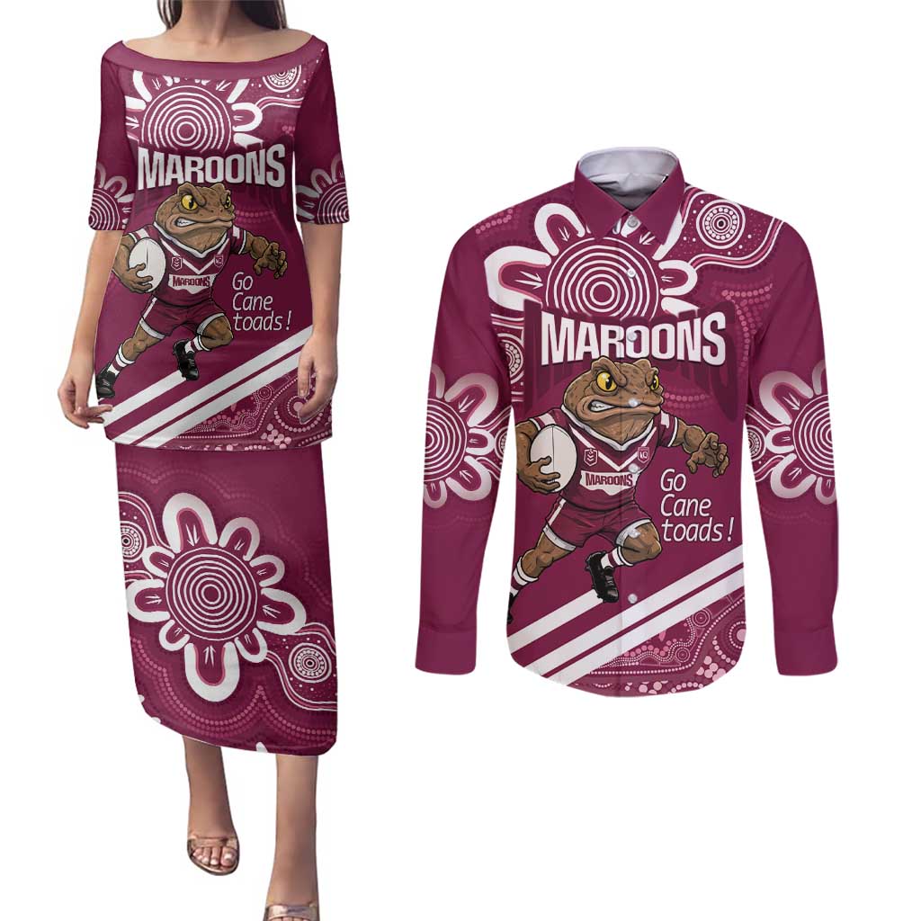 QLD Maroons Rugby Custom Couples Matching Puletasi and Long Sleeve Button Shirt Go Cane toads Aboriginal Art