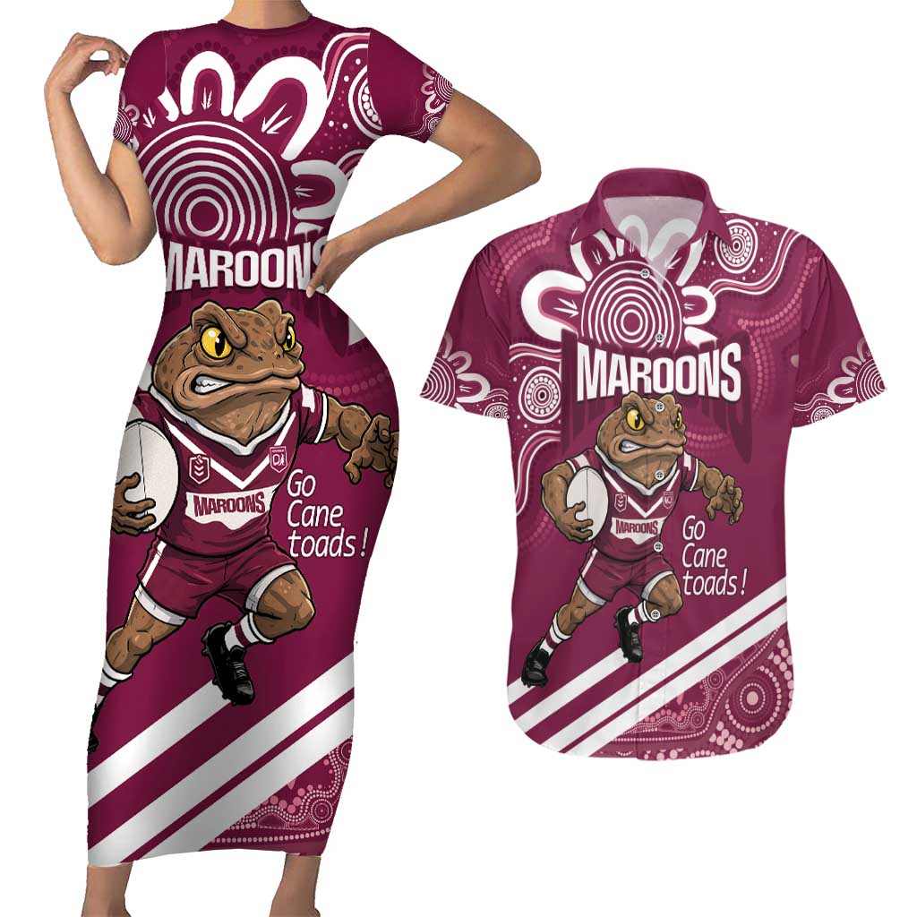 QLD Maroons Rugby Custom Couples Matching Short Sleeve Bodycon Dress and Hawaiian Shirt Go Cane toads Aboriginal Art