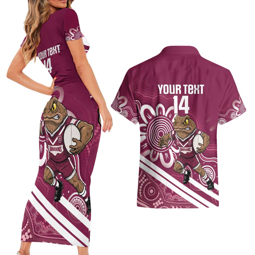 QLD Maroons Rugby Custom Couples Matching Short Sleeve Bodycon Dress and Hawaiian Shirt Go Cane toads Aboriginal Art