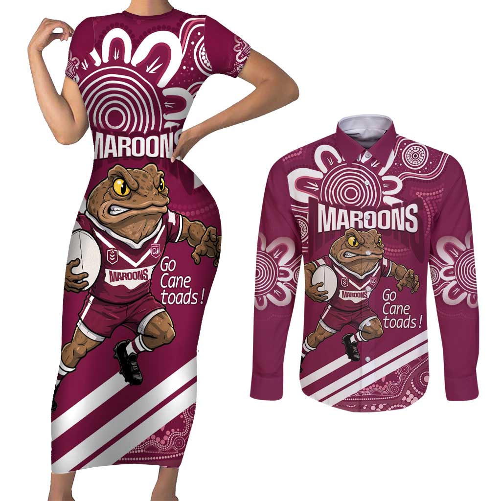 QLD Maroons Rugby Custom Couples Matching Short Sleeve Bodycon Dress and Long Sleeve Button Shirt Go Cane toads Aboriginal Art