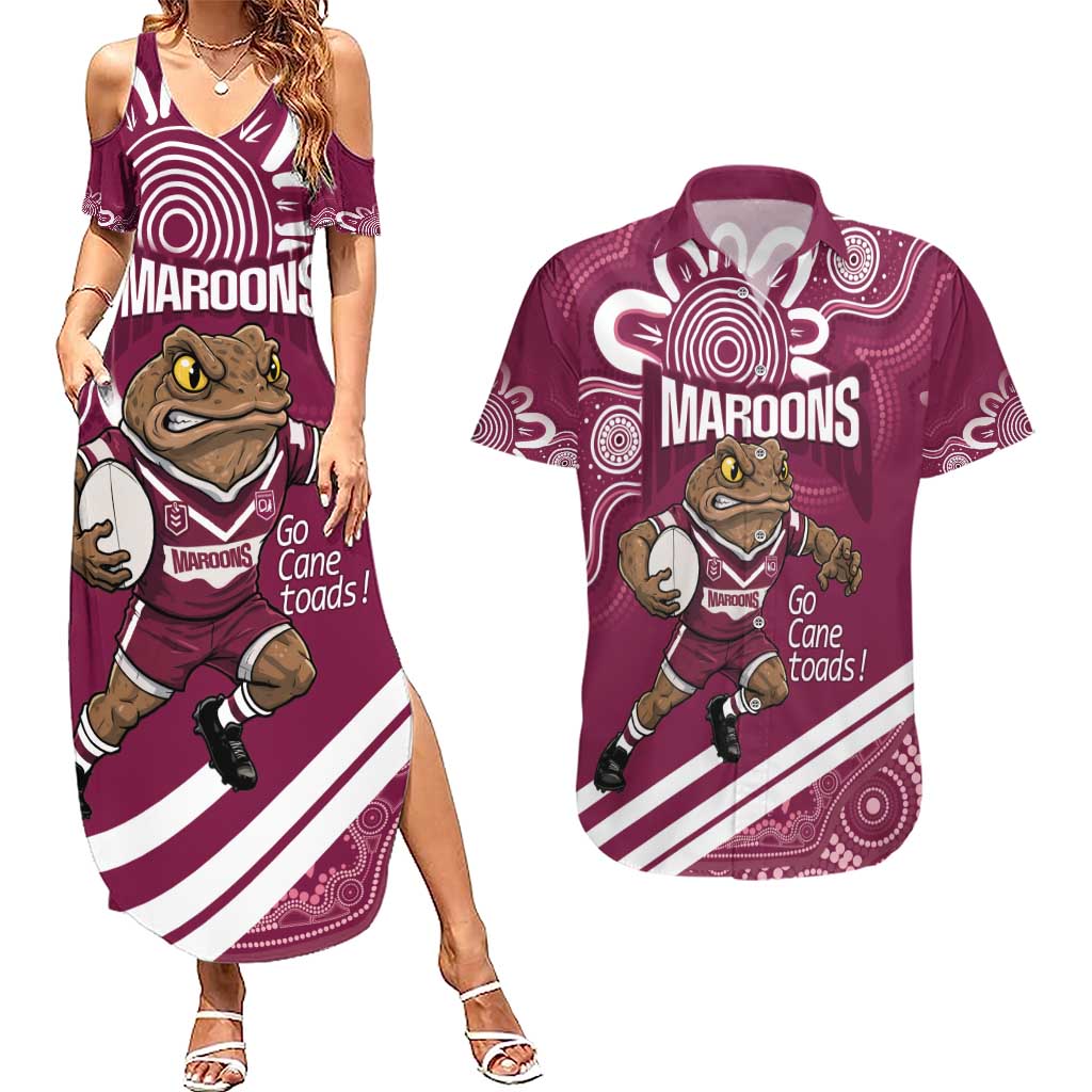 QLD Maroons Rugby Custom Couples Matching Summer Maxi Dress and Hawaiian Shirt Go Cane toads Aboriginal Art