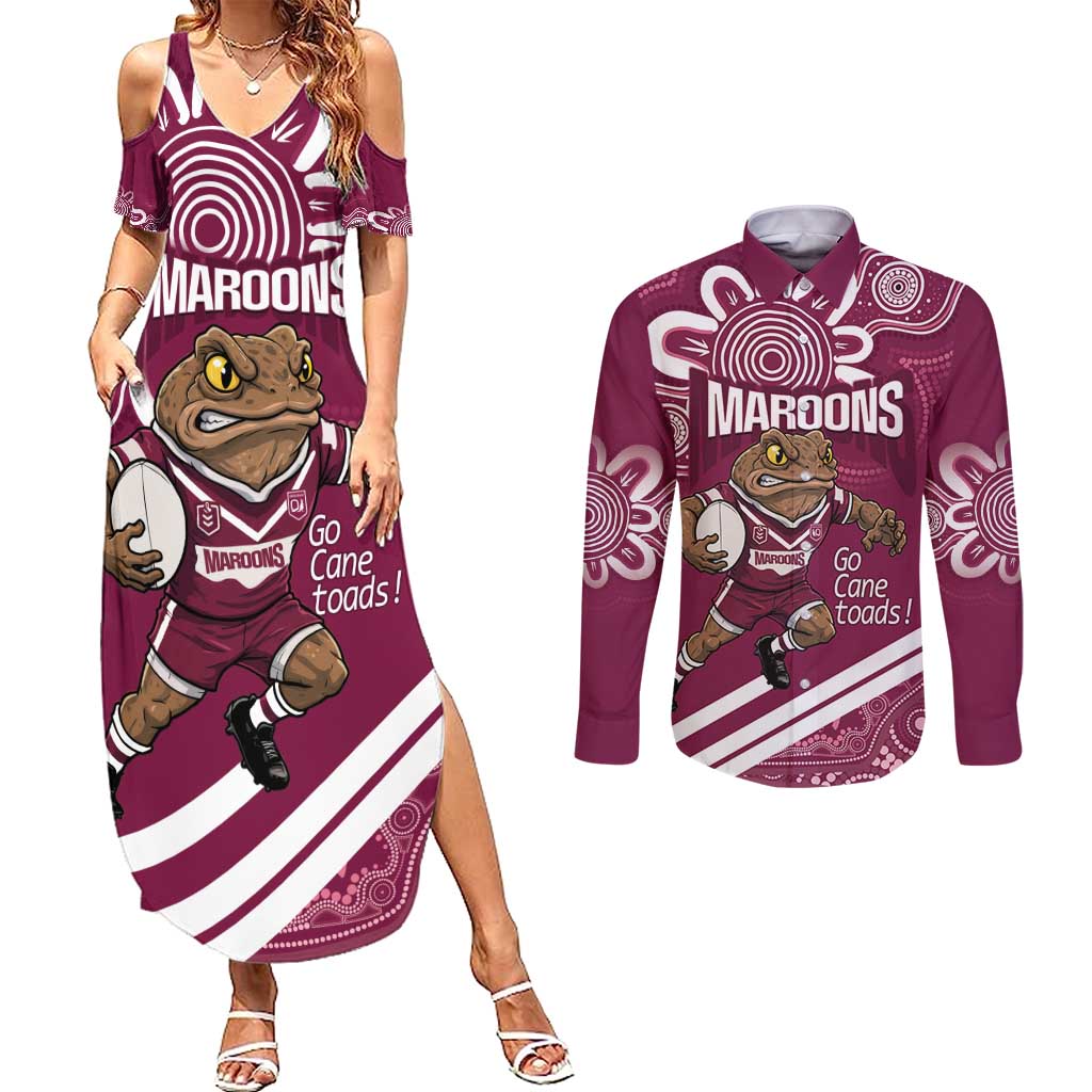 QLD Maroons Rugby Custom Couples Matching Summer Maxi Dress and Long Sleeve Button Shirt Go Cane toads Aboriginal Art