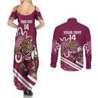 QLD Maroons Rugby Custom Couples Matching Summer Maxi Dress and Long Sleeve Button Shirt Go Cane toads Aboriginal Art