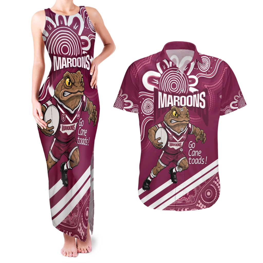 QLD Maroons Rugby Custom Couples Matching Tank Maxi Dress and Hawaiian Shirt Go Cane toads Aboriginal Art