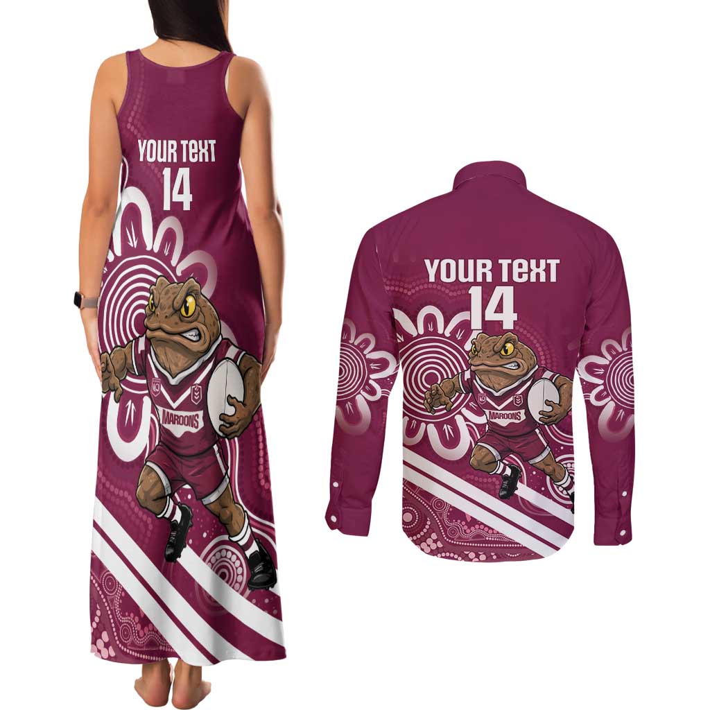 QLD Maroons Rugby Custom Couples Matching Tank Maxi Dress and Long Sleeve Button Shirt Go Cane toads Aboriginal Art