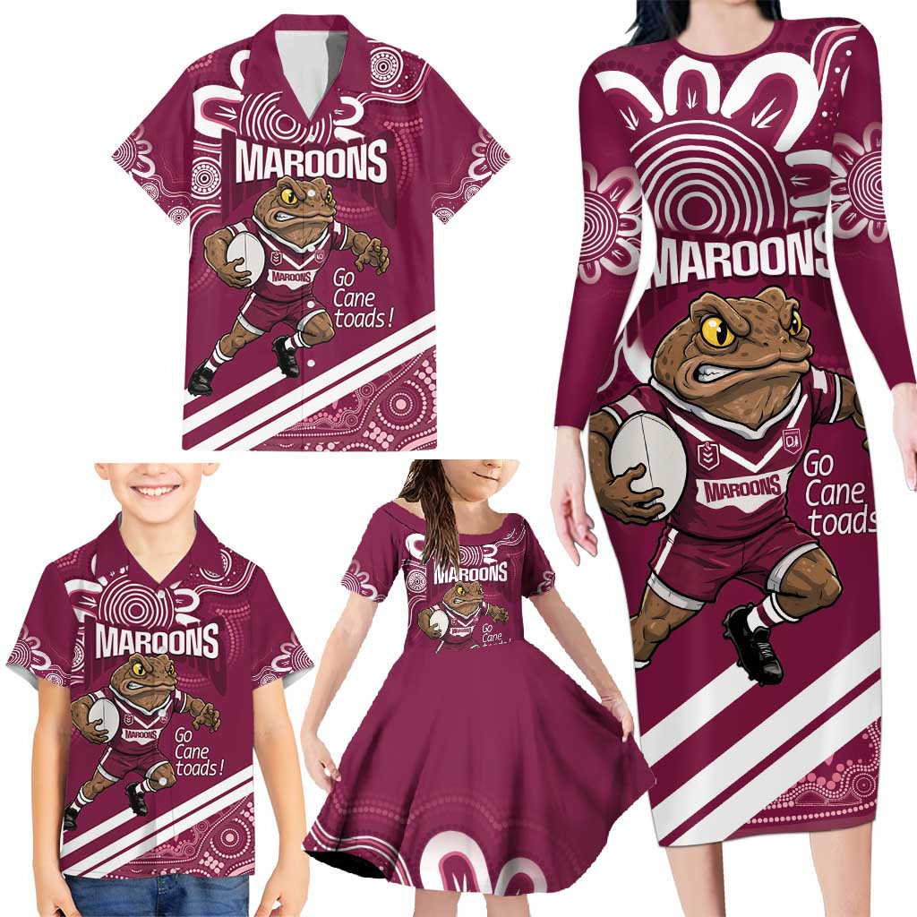 QLD Maroons Rugby Custom Family Matching Long Sleeve Bodycon Dress and Hawaiian Shirt Go Cane toads Aboriginal Art