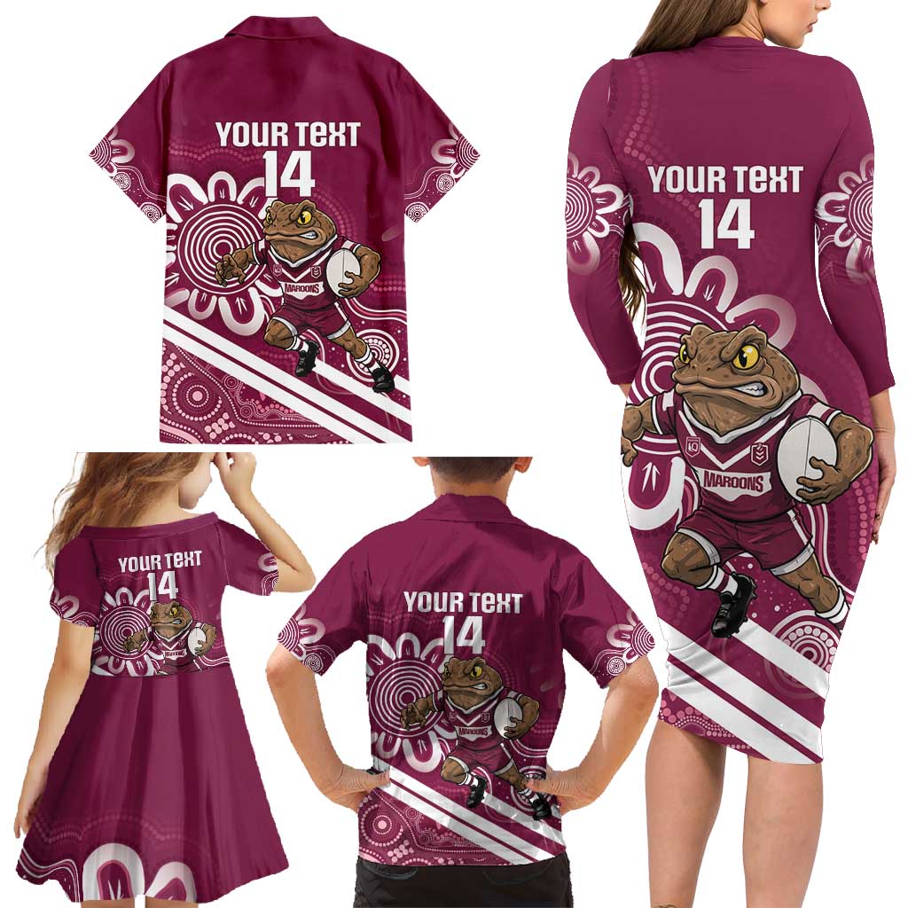QLD Maroons Rugby Custom Family Matching Long Sleeve Bodycon Dress and Hawaiian Shirt Go Cane toads Aboriginal Art
