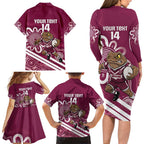 QLD Maroons Rugby Custom Family Matching Long Sleeve Bodycon Dress and Hawaiian Shirt Go Cane toads Aboriginal Art