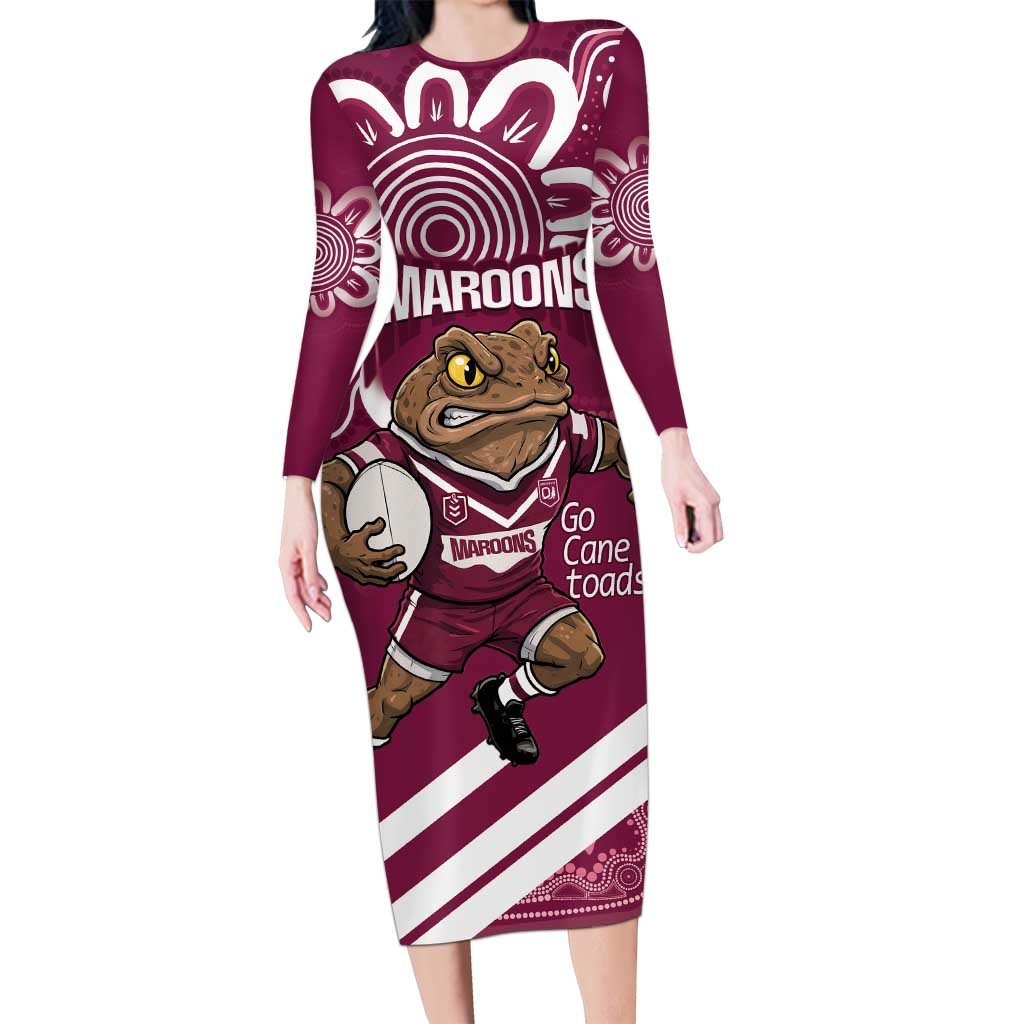 QLD Maroons Rugby Custom Family Matching Long Sleeve Bodycon Dress and Hawaiian Shirt Go Cane toads Aboriginal Art