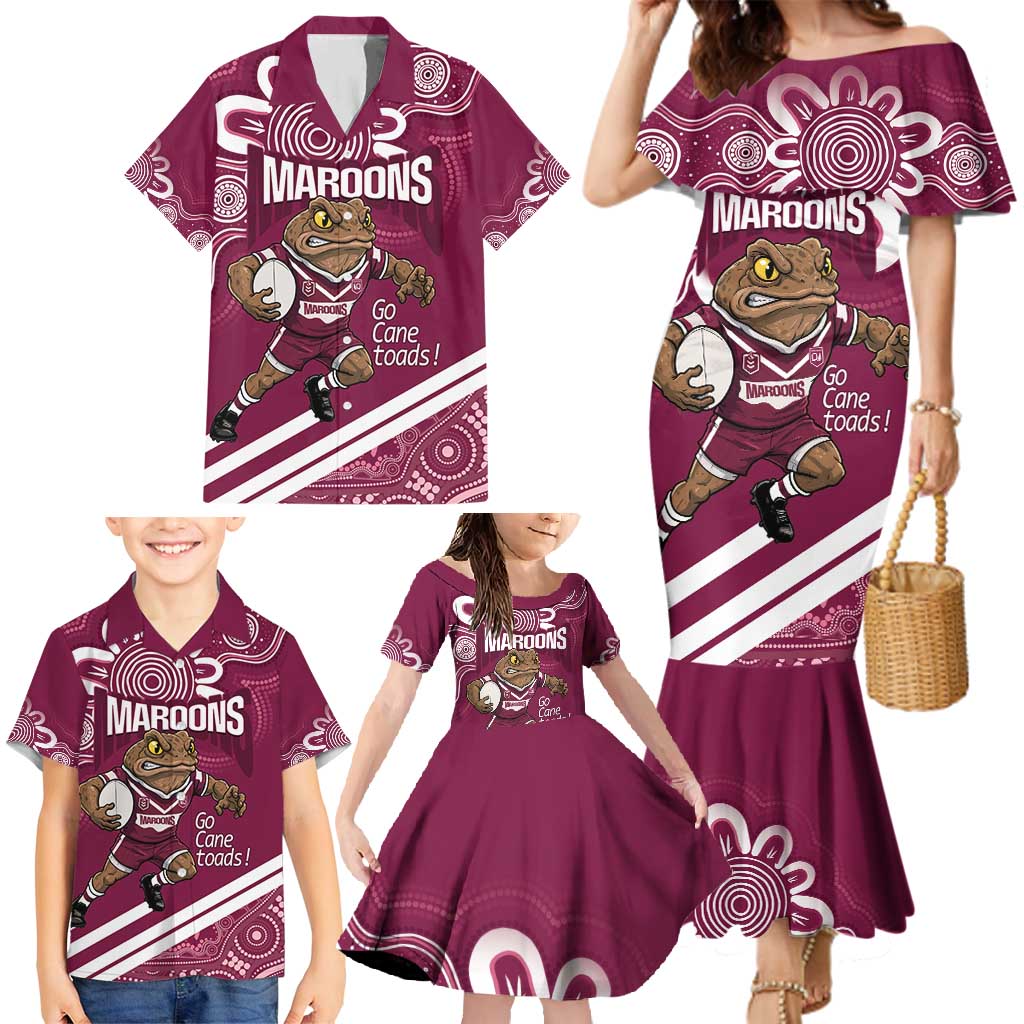QLD Maroons Rugby Custom Family Matching Mermaid Dress and Hawaiian Shirt Go Cane toads Aboriginal Art