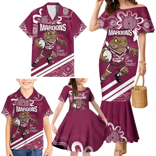 QLD Maroons Rugby Custom Family Matching Mermaid Dress and Hawaiian Shirt Go Cane toads Aboriginal Art