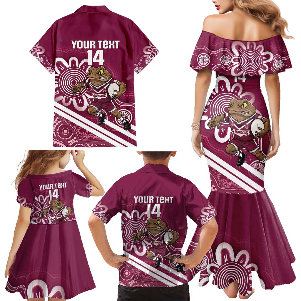 QLD Maroons Rugby Custom Family Matching Mermaid Dress and Hawaiian Shirt Go Cane toads Aboriginal Art