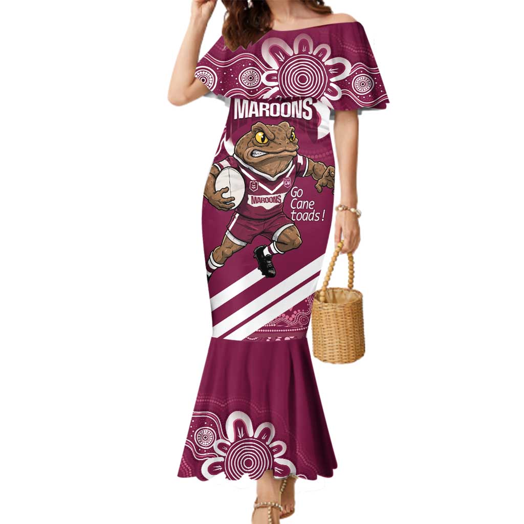 QLD Maroons Rugby Custom Family Matching Mermaid Dress and Hawaiian Shirt Go Cane toads Aboriginal Art