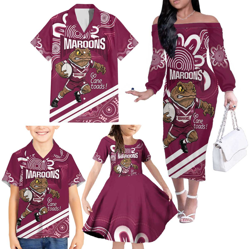 QLD Maroons Rugby Custom Family Matching Off The Shoulder Long Sleeve Dress and Hawaiian Shirt Go Cane toads Aboriginal Art