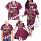 QLD Maroons Rugby Custom Family Matching Off The Shoulder Long Sleeve Dress and Hawaiian Shirt Go Cane toads Aboriginal Art