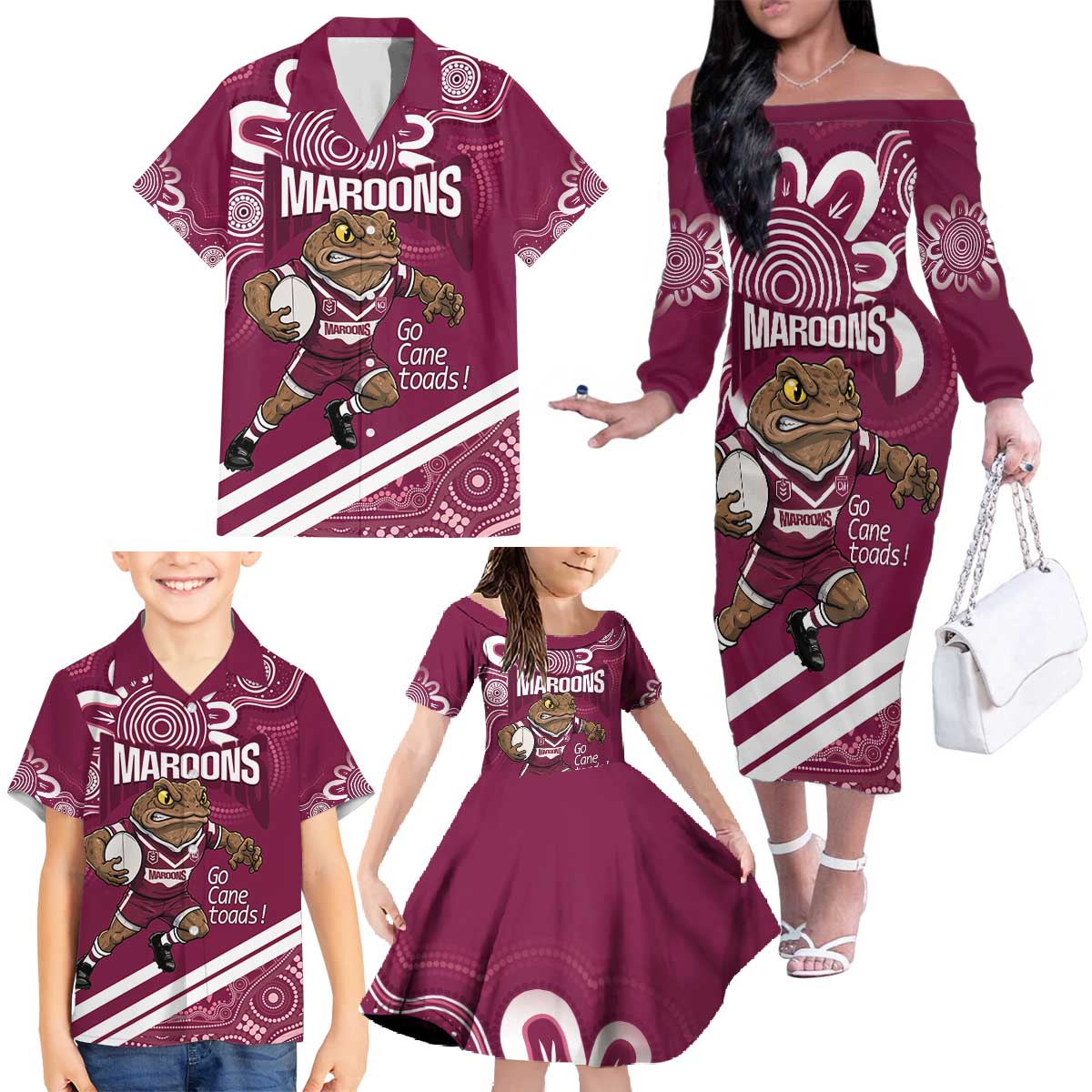 QLD Maroons Rugby Custom Family Matching Off The Shoulder Long Sleeve Dress and Hawaiian Shirt Go Cane toads Aboriginal Art