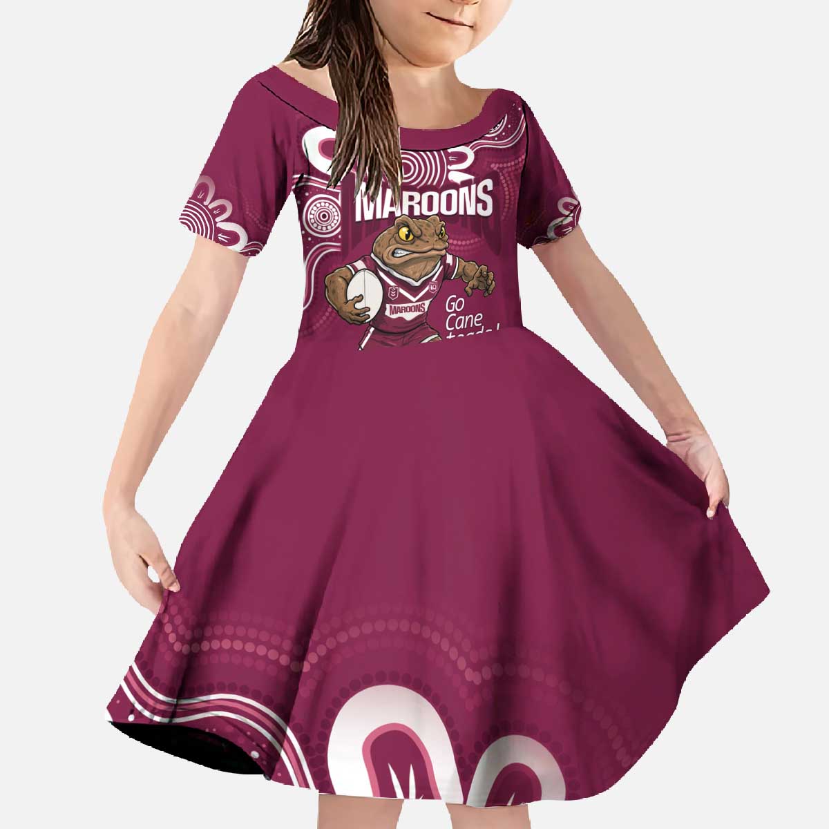 QLD Maroons Rugby Custom Family Matching Off The Shoulder Long Sleeve Dress and Hawaiian Shirt Go Cane toads Aboriginal Art