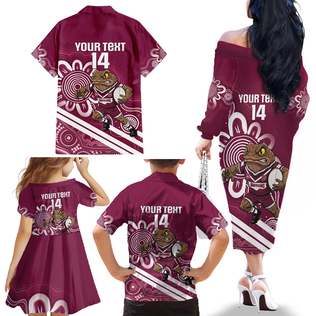 QLD Maroons Rugby Custom Family Matching Off The Shoulder Long Sleeve Dress and Hawaiian Shirt Go Cane toads Aboriginal Art