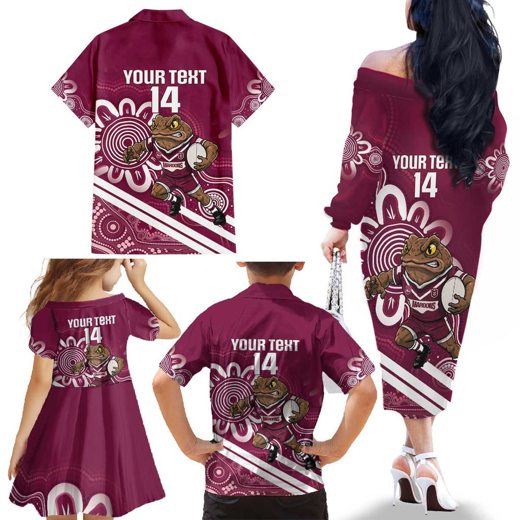 QLD Maroons Rugby Custom Family Matching Off The Shoulder Long Sleeve Dress and Hawaiian Shirt Go Cane toads Aboriginal Art