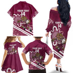 QLD Maroons Rugby Custom Family Matching Off The Shoulder Long Sleeve Dress and Hawaiian Shirt Go Cane toads Aboriginal Art