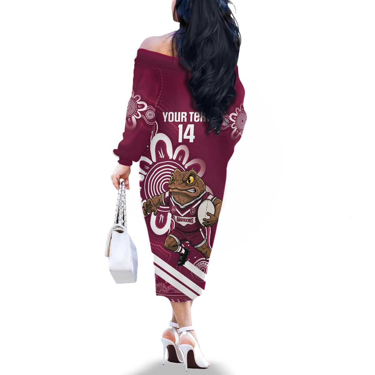 QLD Maroons Rugby Custom Family Matching Off The Shoulder Long Sleeve Dress and Hawaiian Shirt Go Cane toads Aboriginal Art