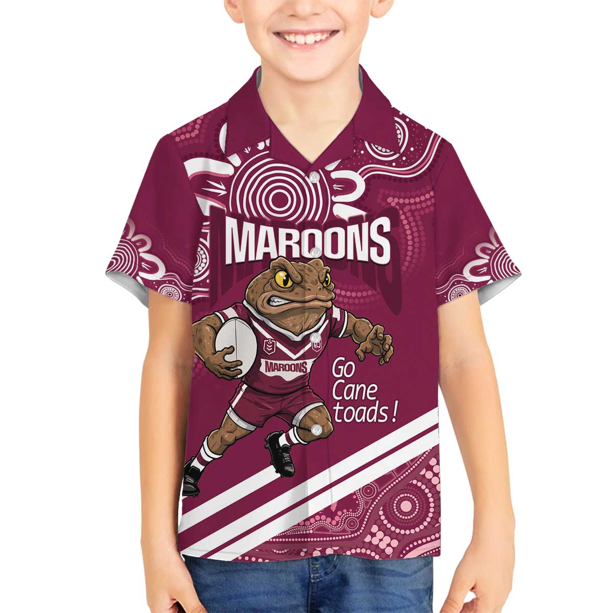 QLD Maroons Rugby Custom Family Matching Off The Shoulder Long Sleeve Dress and Hawaiian Shirt Go Cane toads Aboriginal Art