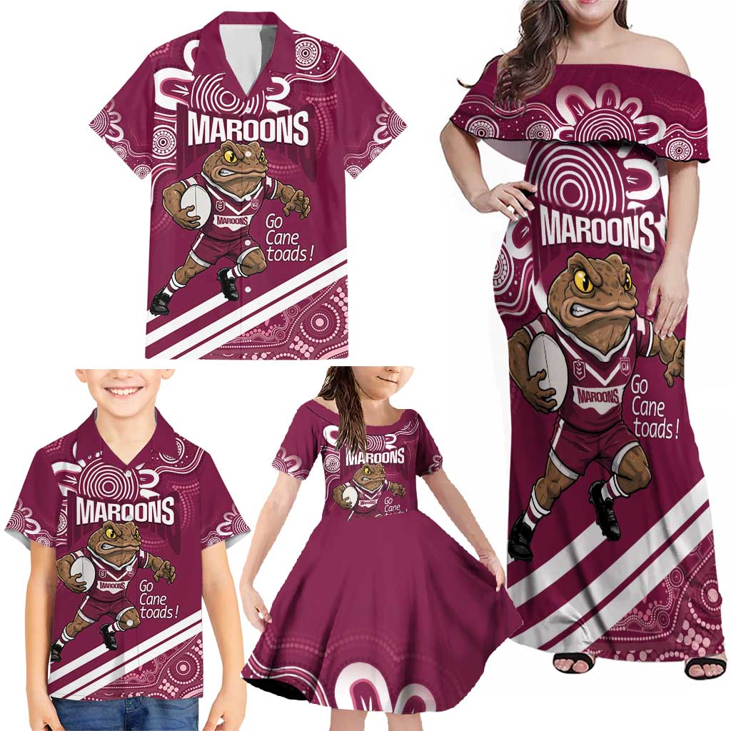 QLD Maroons Rugby Custom Family Matching Off Shoulder Maxi Dress and Hawaiian Shirt Go Cane toads Aboriginal Art