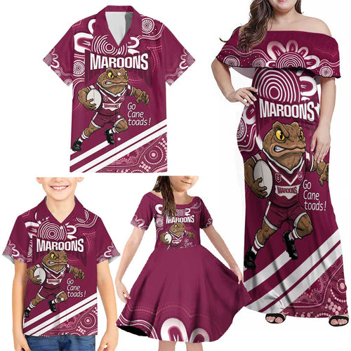 QLD Maroons Rugby Custom Family Matching Off Shoulder Maxi Dress and Hawaiian Shirt Go Cane toads Aboriginal Art